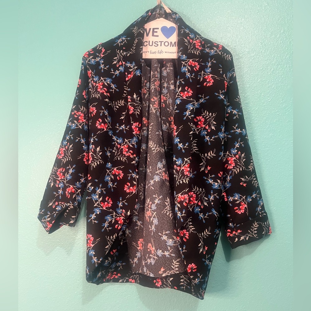 Floral Open-Front Women's Jacket - Black with Red & Blue Blooms